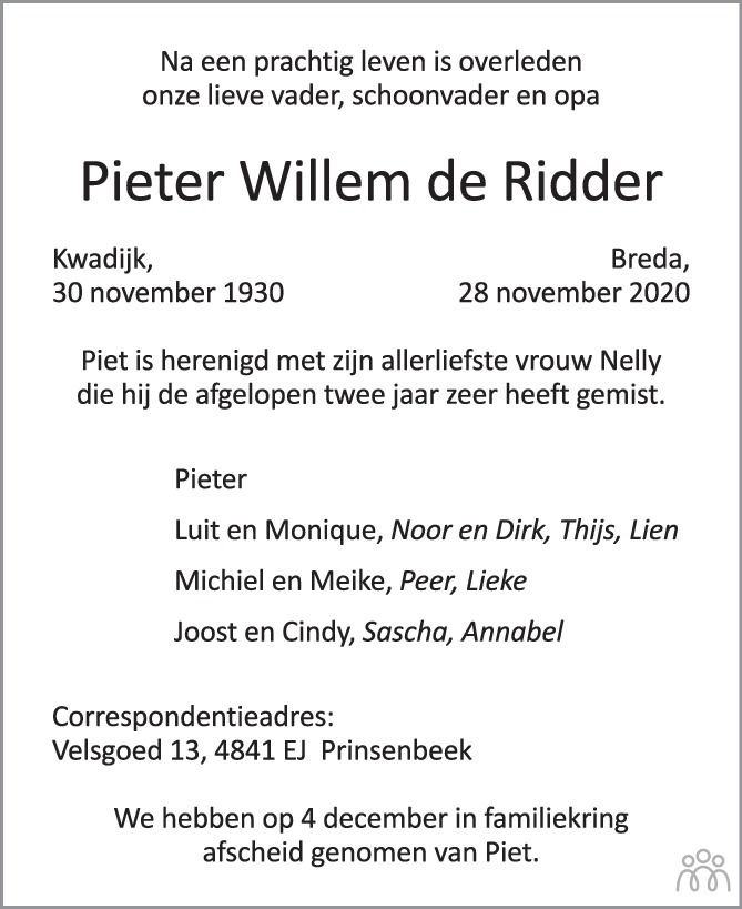 Pieter Willem de Ridder 28112020 overlijdensbericht en condoleances