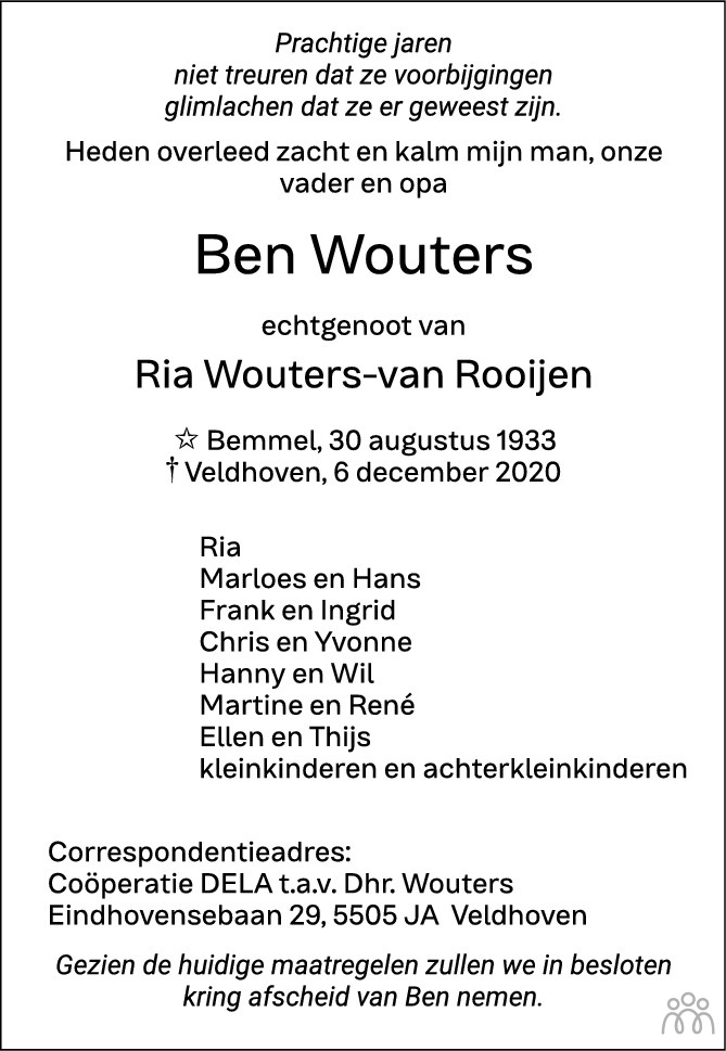 Ben Wouters 06-12-2020 overlijdensbericht en condoleances - Mensenlinq.nl