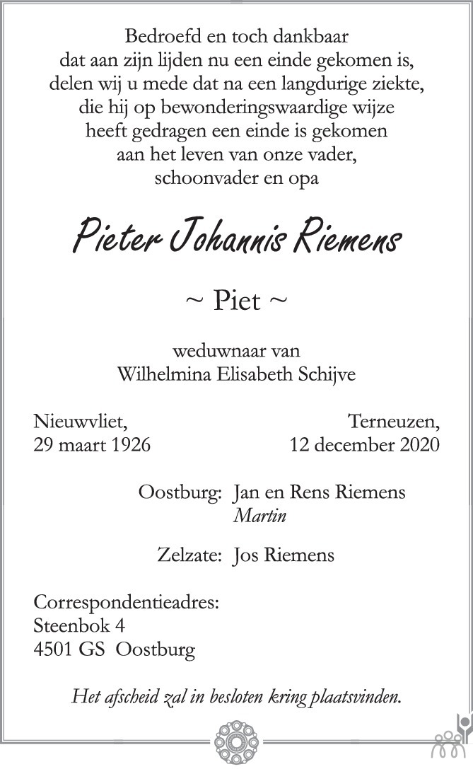 Overlijdensbericht van Pieter Johannis Riemens in PZC Provinciale Zeeuwse Courant