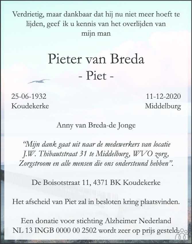 Pieter Piet Van Breda 11 12 2020 Overlijdensbericht En Condoleances Mensenlinqnl 3883