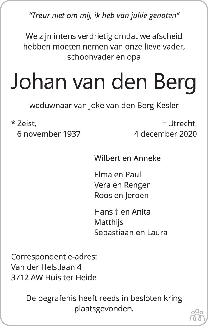 Johan van den Van den Berg 04-12-2020 overlijdensbericht en ...