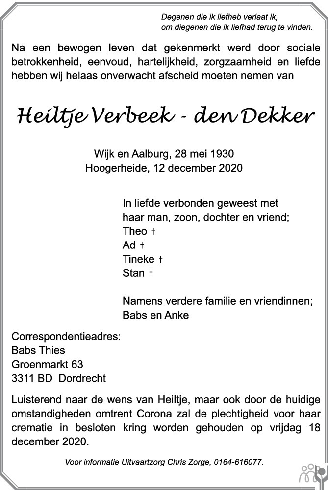 Overlijdensbericht van Heilije Verbeek-den Dekker in BN DeStem