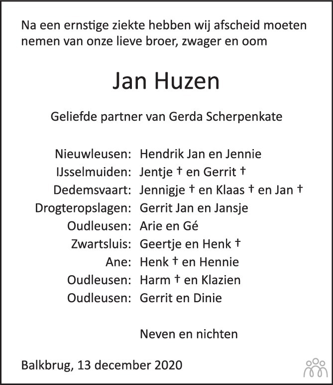 Overlijdensbericht van Jan Huzen in de Stentor