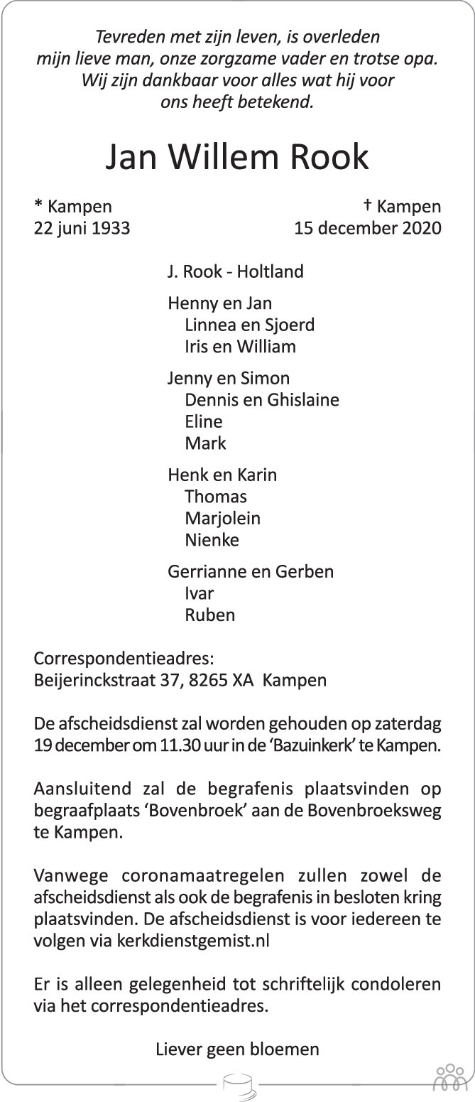 Jan Willem Rook 15-12-2020 overlijdensbericht en condoleances ...