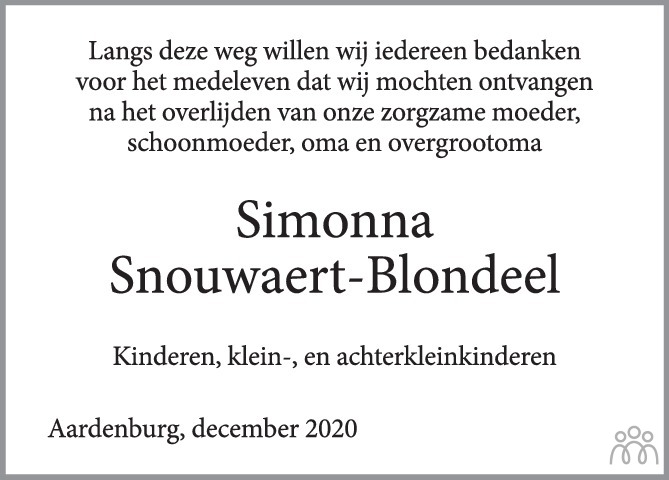 Overlijdensbericht van Simonna Emerence Madeleine Snouwaert-Blondeel in PZC Provinciale Zeeuwse Courant
