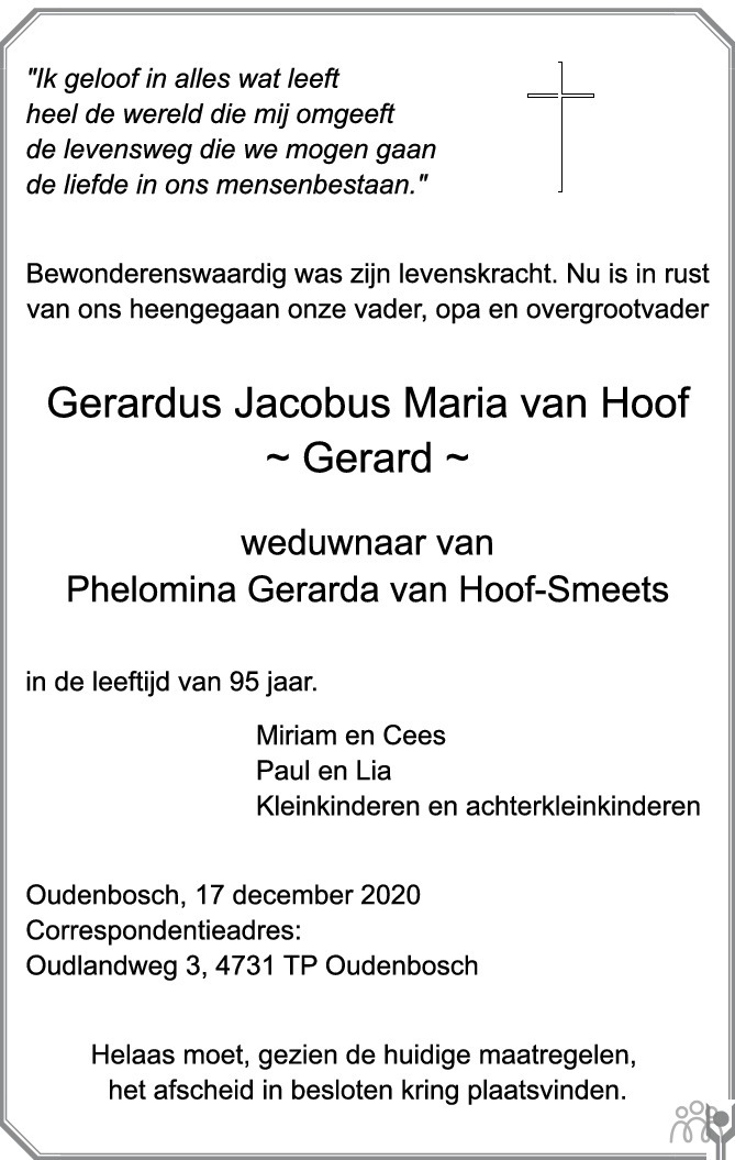 Gerardus Jacobus Maria (Gerard) van Hoof 17-12-2020 overlijdensbericht ...