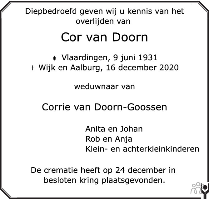 Overlijdensbericht van Cor van Doorn in Het Parool