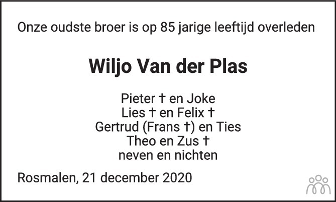 Wiljo Van Der Plas ✝ 21-12-2020 Overlijdensbericht En Condoleances -  Mensenlinq.Nl