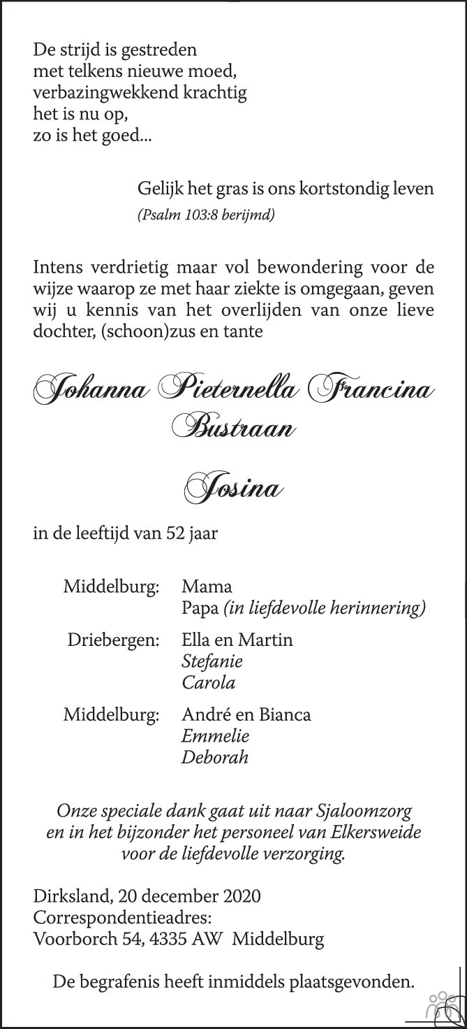 Overlijdensbericht van Johanna Pieternella Francina (Josiina) Bustraan in PZC Provinciale Zeeuwse Courant