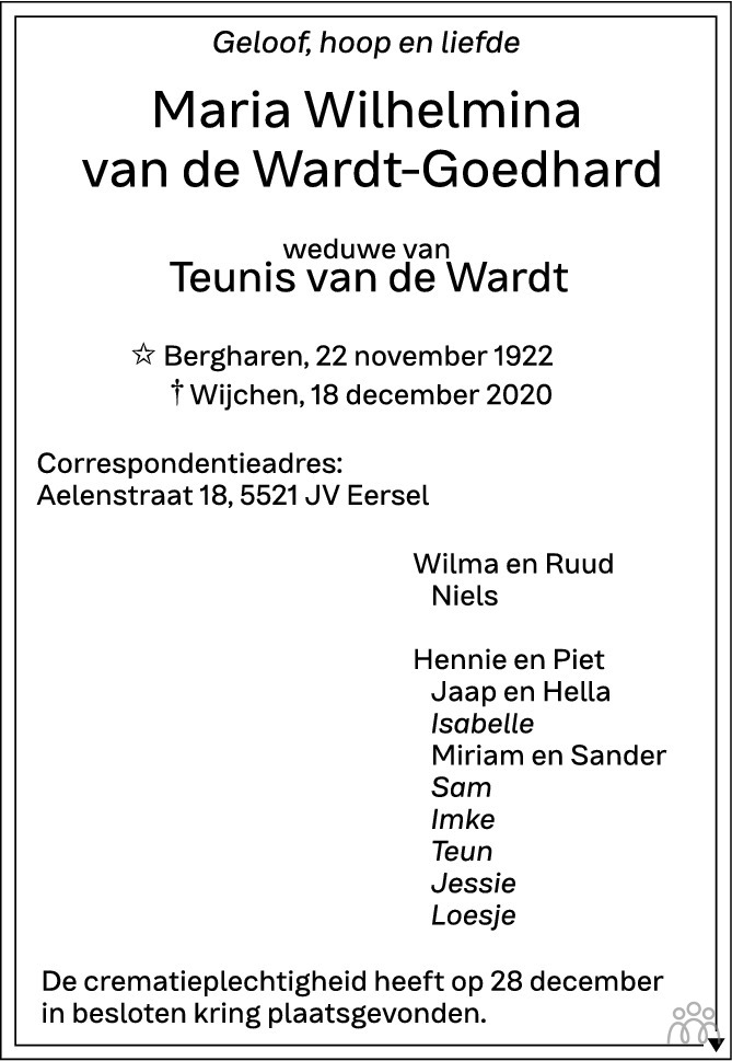 Overlijdensbericht van Maria Wilhelmina van de Wardt-Goedhard in de Gelderlander