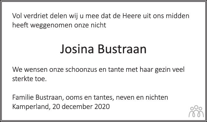 Overlijdensbericht van Johanna Pieternella Francina (Josiina) Bustraan in PZC Provinciale Zeeuwse Courant
