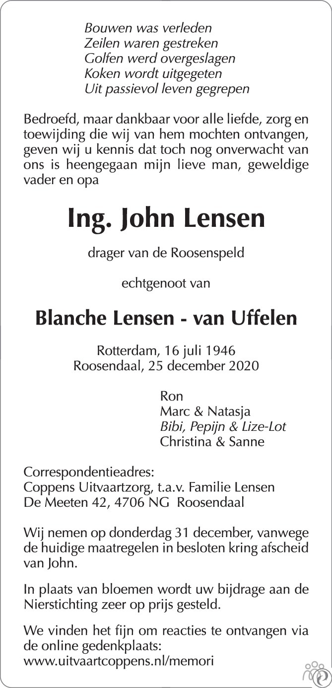 John Lensen 25122020 overlijdensbericht en condoleances Mensenlinq.nl John Lensen 25122020 overlijdensbericht en condoleances Mensenlinq.nl