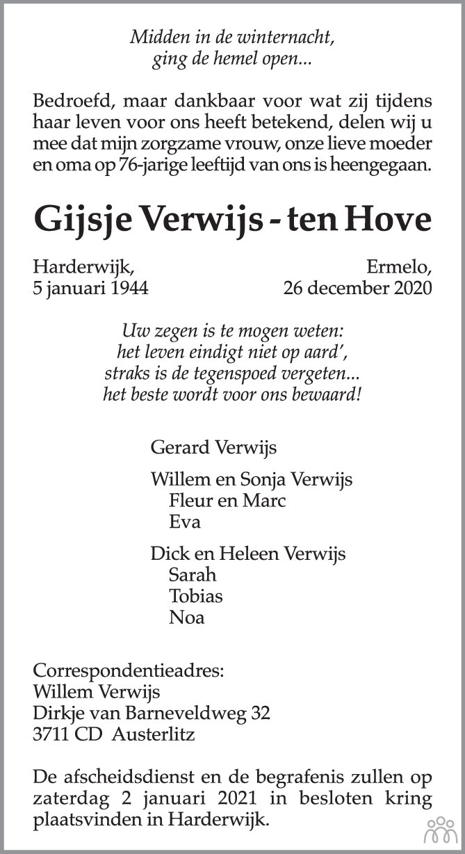 Gijsje Verwijs Ten Hove 26 12 2020 Overlijdensbericht En Condoleances