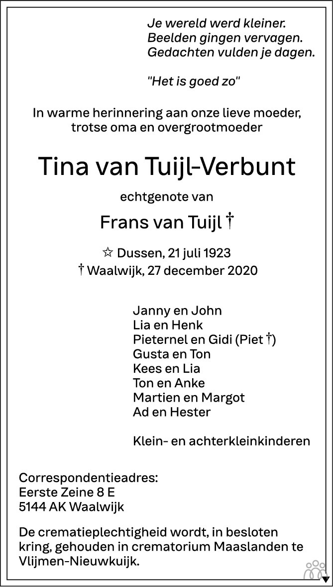 Overlijdensbericht van Tina van Tuijl-Verbunt in Brabants Dagblad