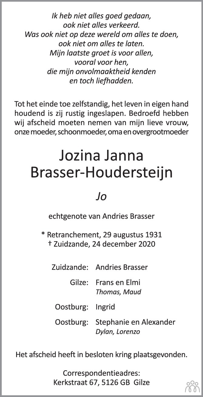 Overlijdensbericht van Jozina Janna (Jo) Brasser-Houdersteijn in PZC Provinciale Zeeuwse Courant