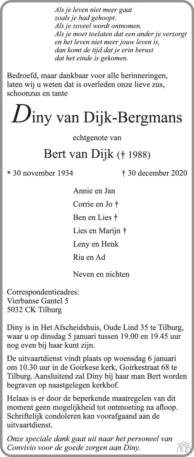 Diny van Dijk-Bergmans 30-12-2020 overlijdensbericht en condoleances ...