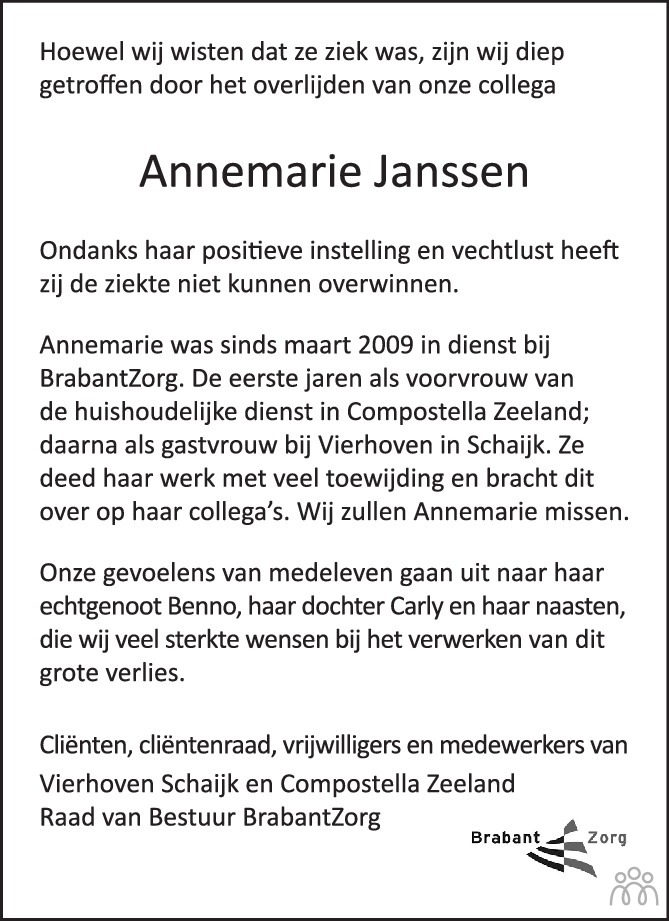 Annemarie Janssen 04-01-2021 overlijdensbericht en condoleances