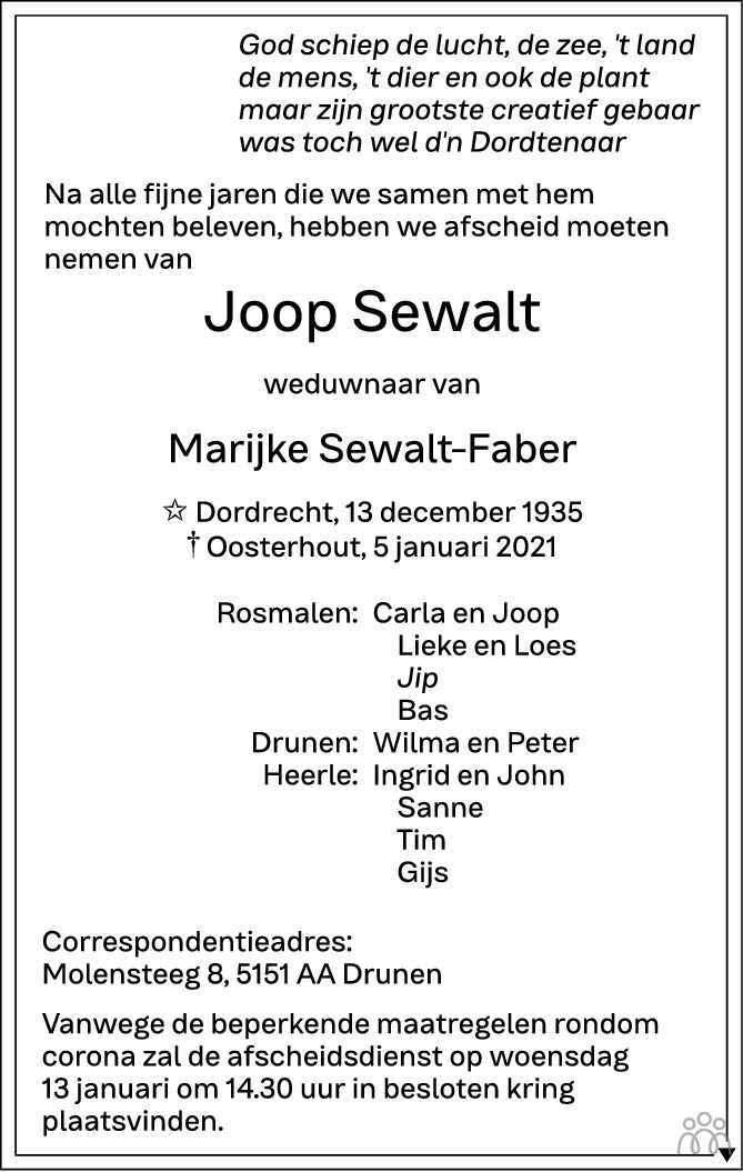Overlijdensbericht van Joop Sewalt in BN DeStem