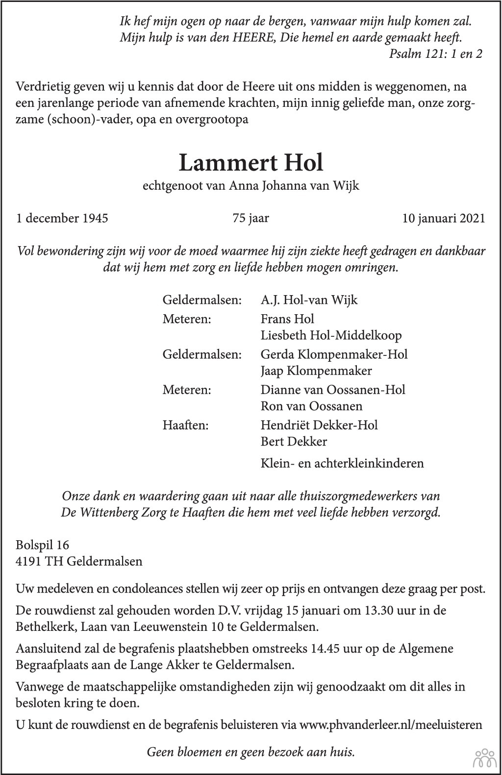 Gehoorzaam opgroeien vrouwelijk Lammert Hol ✝ 10-01-2021 overlijdensbericht en condoleances - Mensenlinq.nl