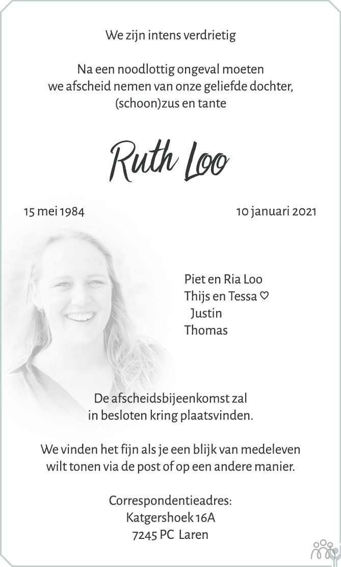 Ruth Loo 10-01-2021 Overlijdensbericht En Condoleances - Mensenlinq.nl