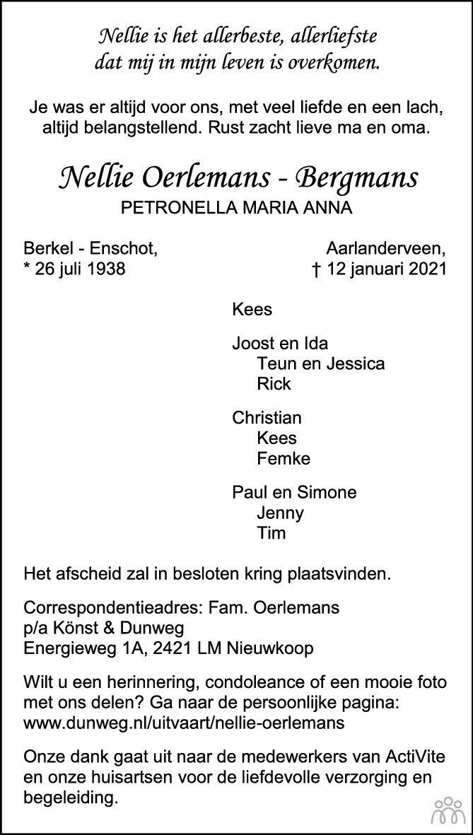 Petronella Maria Anna (Nellie) Oerlemans-Bergmans 12-01-2021 ...