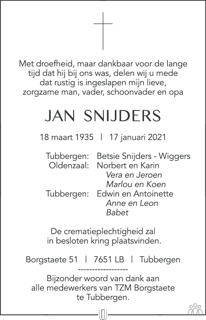 Jan Snijders 17012021 overlijdensbericht en condoleances Mensenlinq.nl