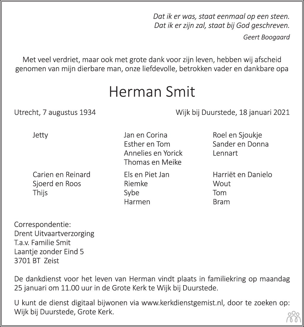 Overlijdensbericht van Herman Smit in Trouw