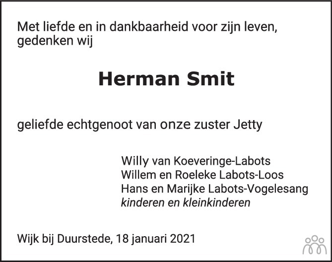 Overlijdensbericht van Herman Smit in Trouw