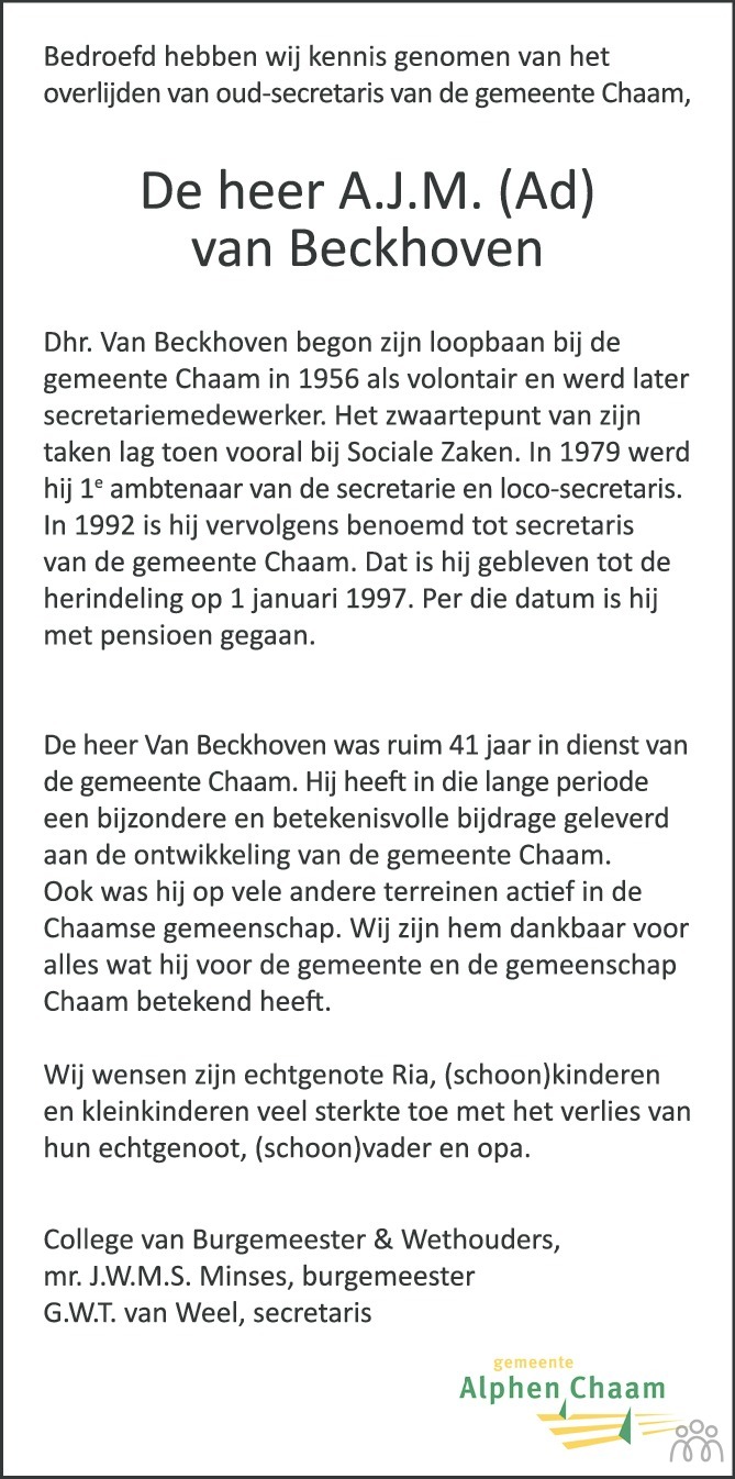 Ad Van Beckhoven 01 21 Overlijdensbericht En Condoleances Mensenlinq Nl