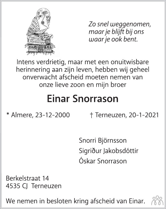 Overlijdensbericht van Einar Snorrason in PZC Provinciale Zeeuwse Courant