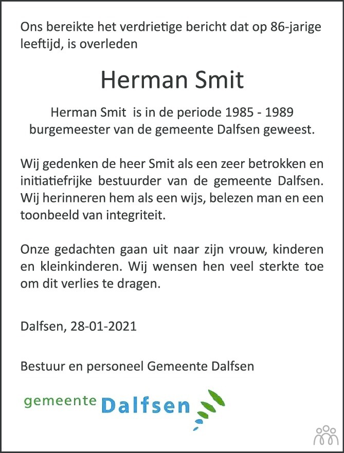 Overlijdensbericht van Herman Smit in de Stentor