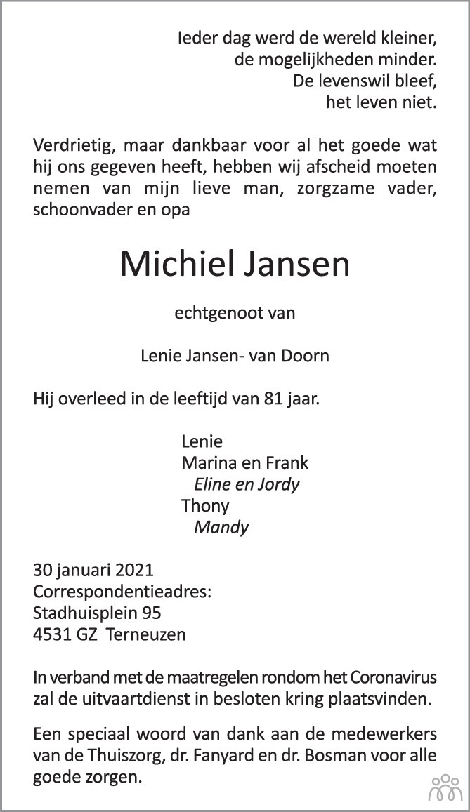 Michiel Jansen 30-01-2021 Overlijdensbericht En Condoleances 