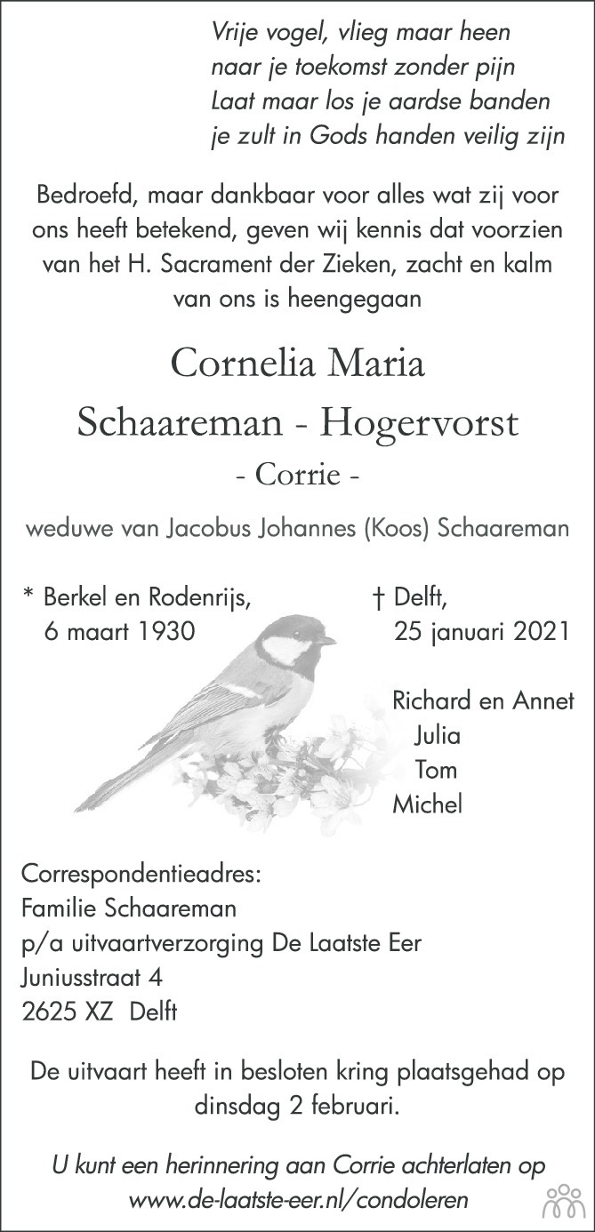 Overlijdensbericht van Cornelia Maria (Corrie) Schaareman-Hogervorst in Delftse Post