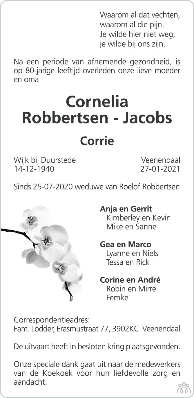Overlijdensbericht van Cornelia (Corrie) Robbertsen-Jacobs in de Rijnpost