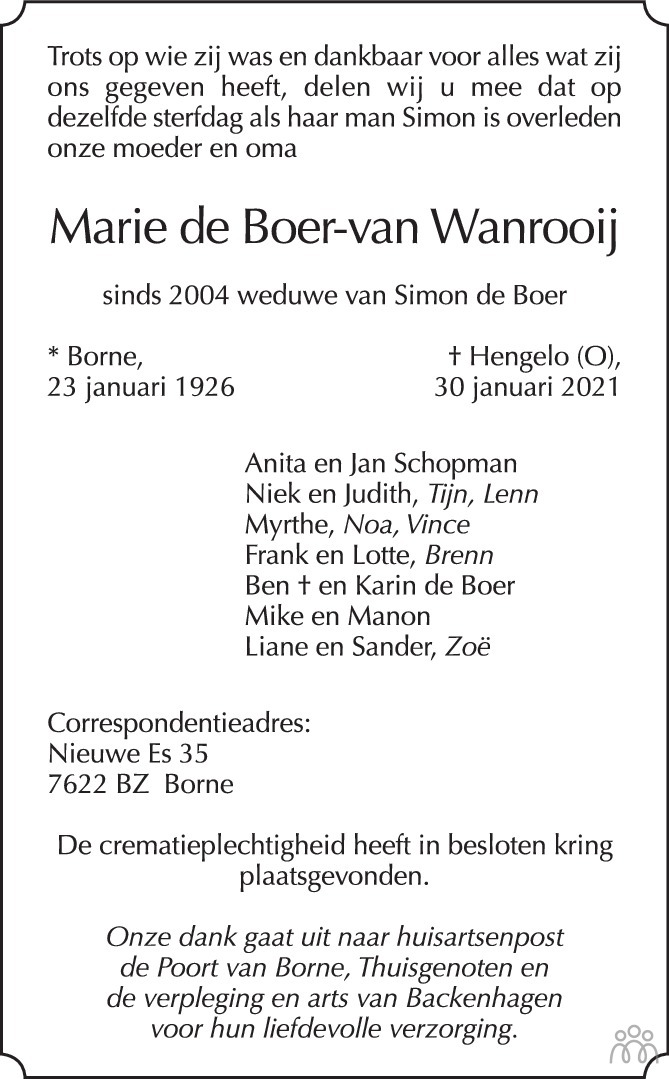 Marie de Boer-van Wanrooij 30-01-2021 overlijdensbericht en ...