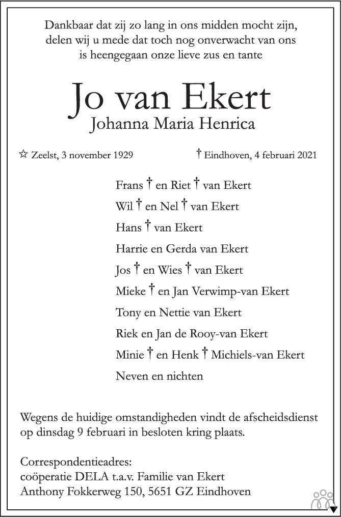 Overlijdensbericht van Johanna Maria Henrica (Jo) van Ekert in Eindhovens Dagblad