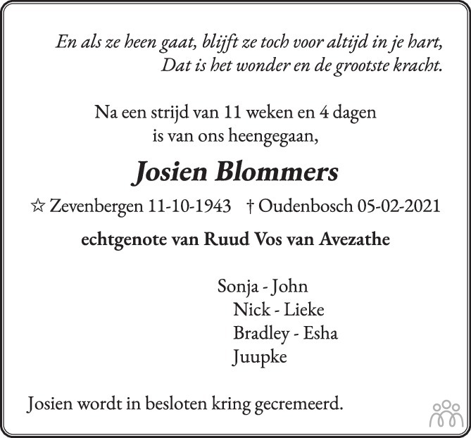 Overlijdensbericht van Josien  Blommers in BN DeStem