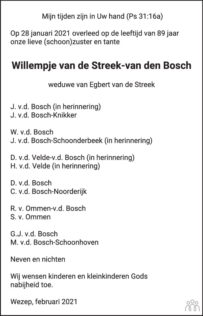 Willempje Van De Streek Van Den Bosch 28 01 21 Overlijdensbericht En Condoleances Mensenlinq Nl