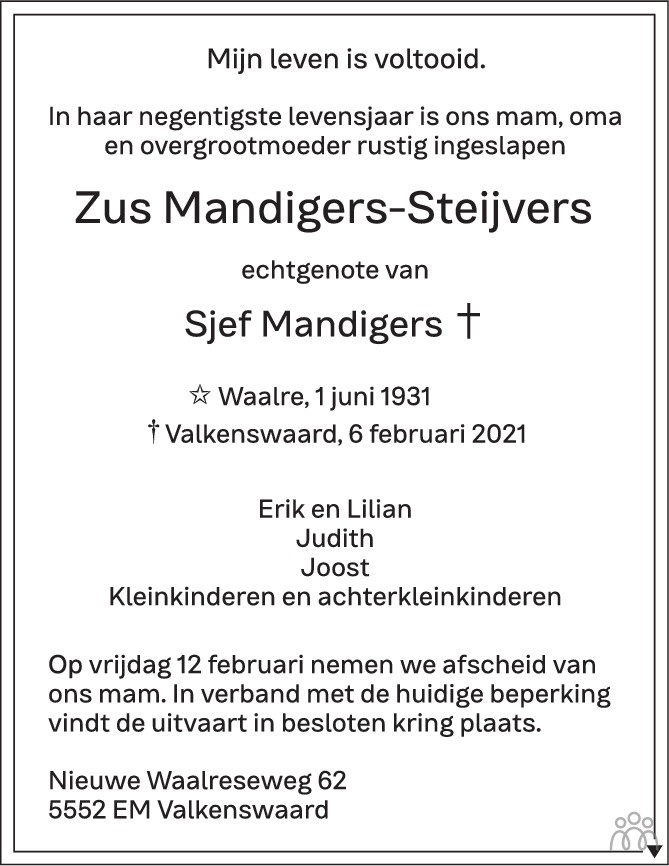 Overlijdensbericht van Zus Mandigers-Steijvers in Eindhovens Dagblad