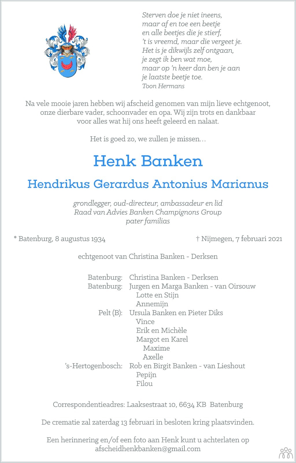 Overlijdensbericht van Henk (Hendrikus Gerardsus Antonius Marianus) Banken in de Gelderlander