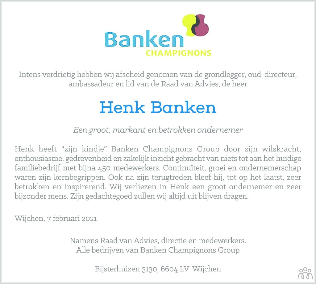 Overlijdensbericht van Henk (Hendrikus Gerardsus Antonius Marianus) Banken in de Gelderlander