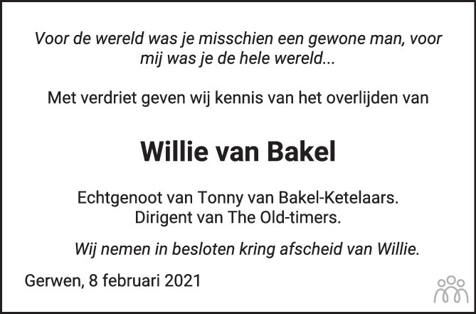 Overlijdensbericht van Willie van Bakel in Eindhovens Dagblad