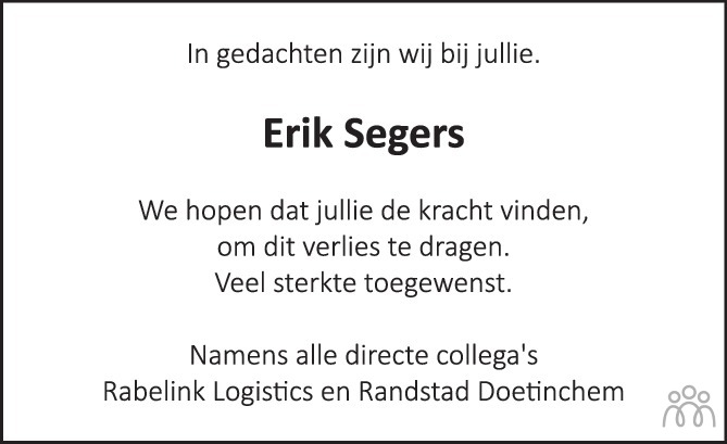 Overlijdensbericht van Erik Segers in de Gelderlander