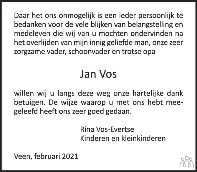 Overlijdensbericht van Jan Vos in Brabants Dagblad