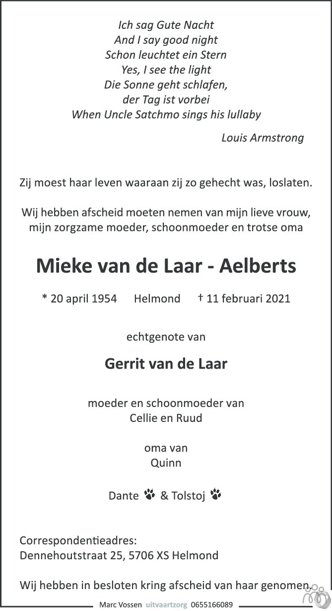 Overlijdensbericht van Mieke van de Laar-Aelberts in Eindhovens Dagblad