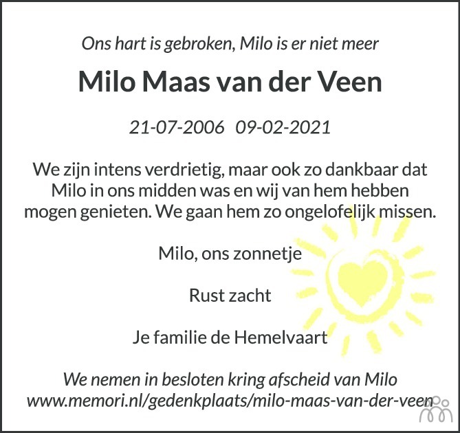 Overlijdensbericht van Milo Maas van der Veen in Het Parool