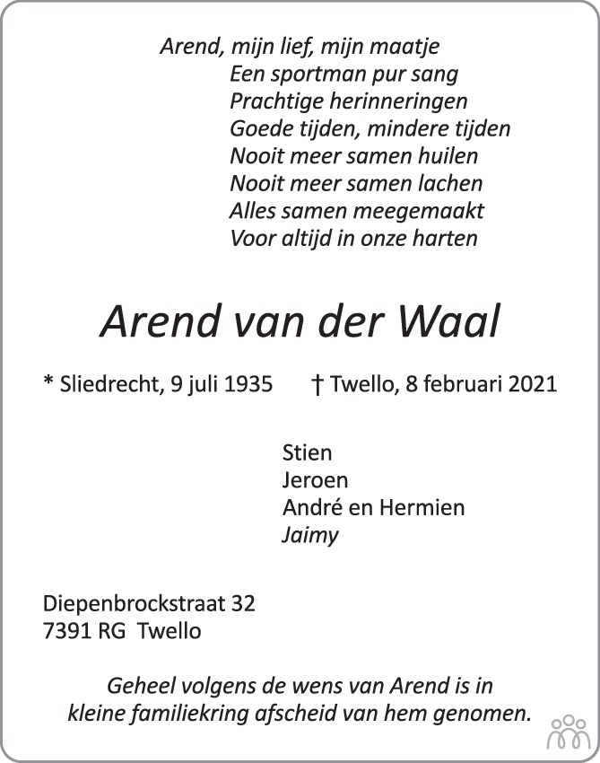 Overlijdensbericht van Arend van der Waal in de Stentor