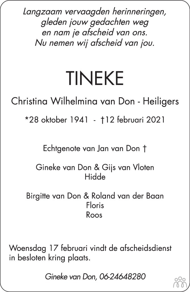 Overlijdensbericht van Christina Wilhelmina (Tineke) van Don-Heiligers in Eindhovens Dagblad