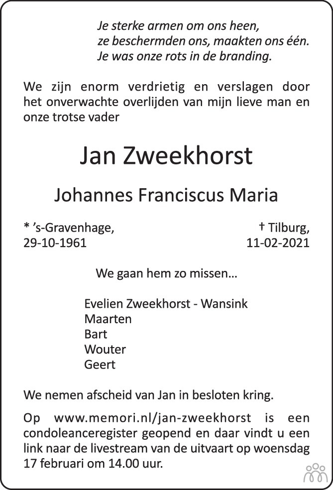 Overlijdensbericht van Johannes Franciscus Maria (Jan)  Zweekhorst in Brabants Dagblad