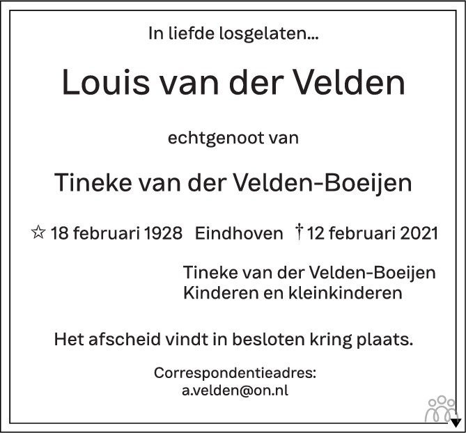 Overlijdensbericht van Louis van der Velden in Eindhovens Dagblad